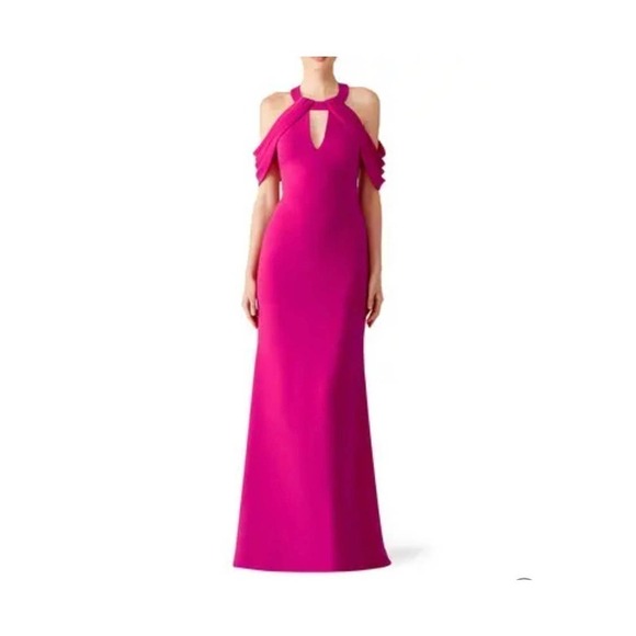 Badgley Mischka Draped Shoulder Crepe Gown Magenta Women's Size 0 - Picture 2 of 10